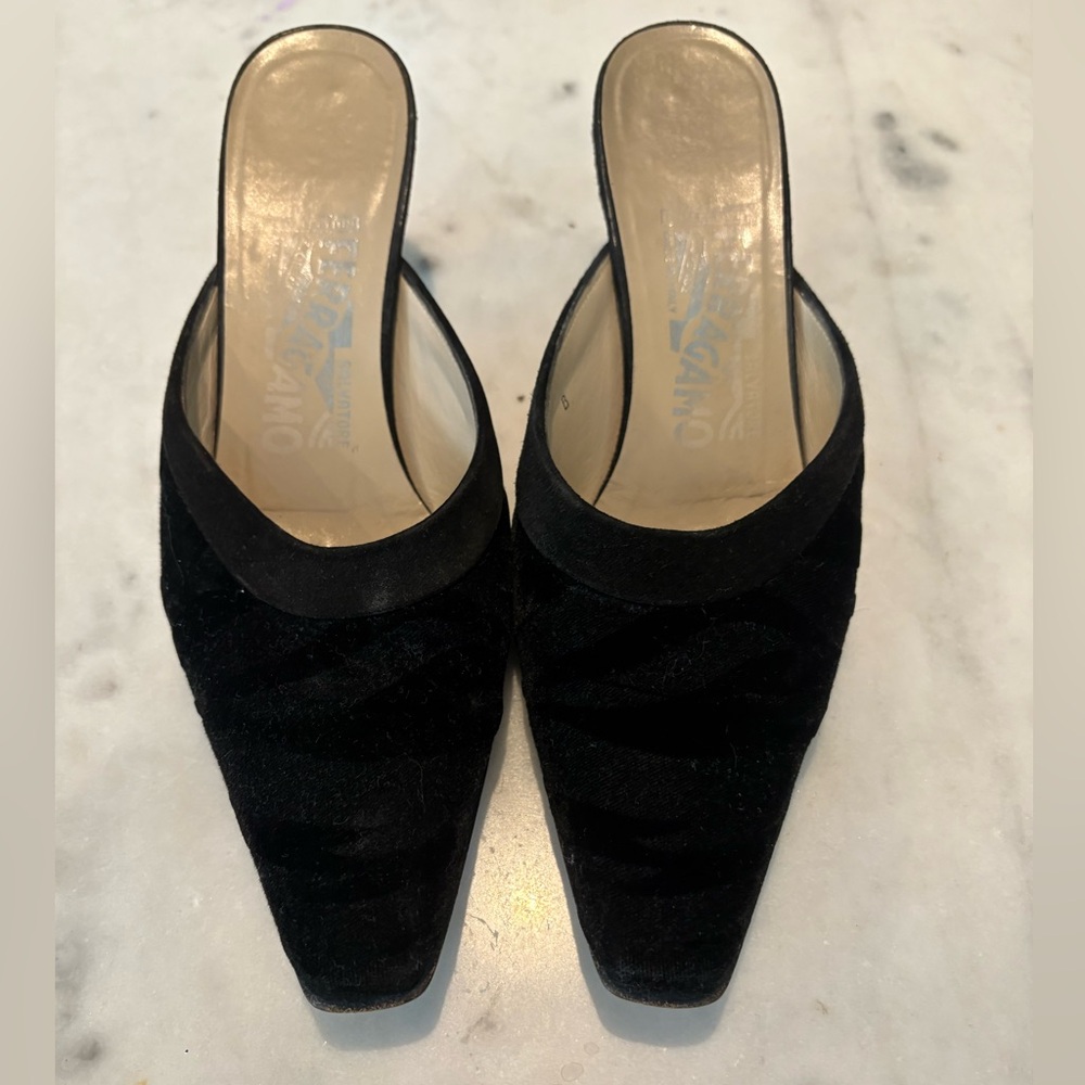 Ferragamo velvet/suede black animal print, size 7B.